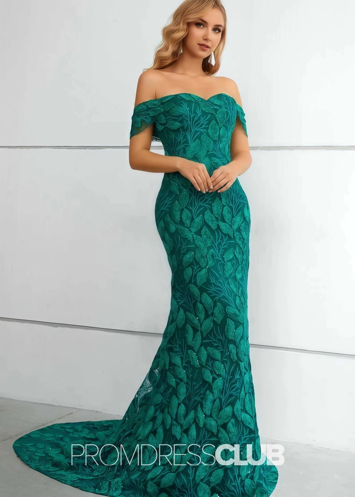 Jennifer |Long Green Prom Dresses Near Me With Mermaid Lace Off The Shoulder - Green - US0 - PromDressClub