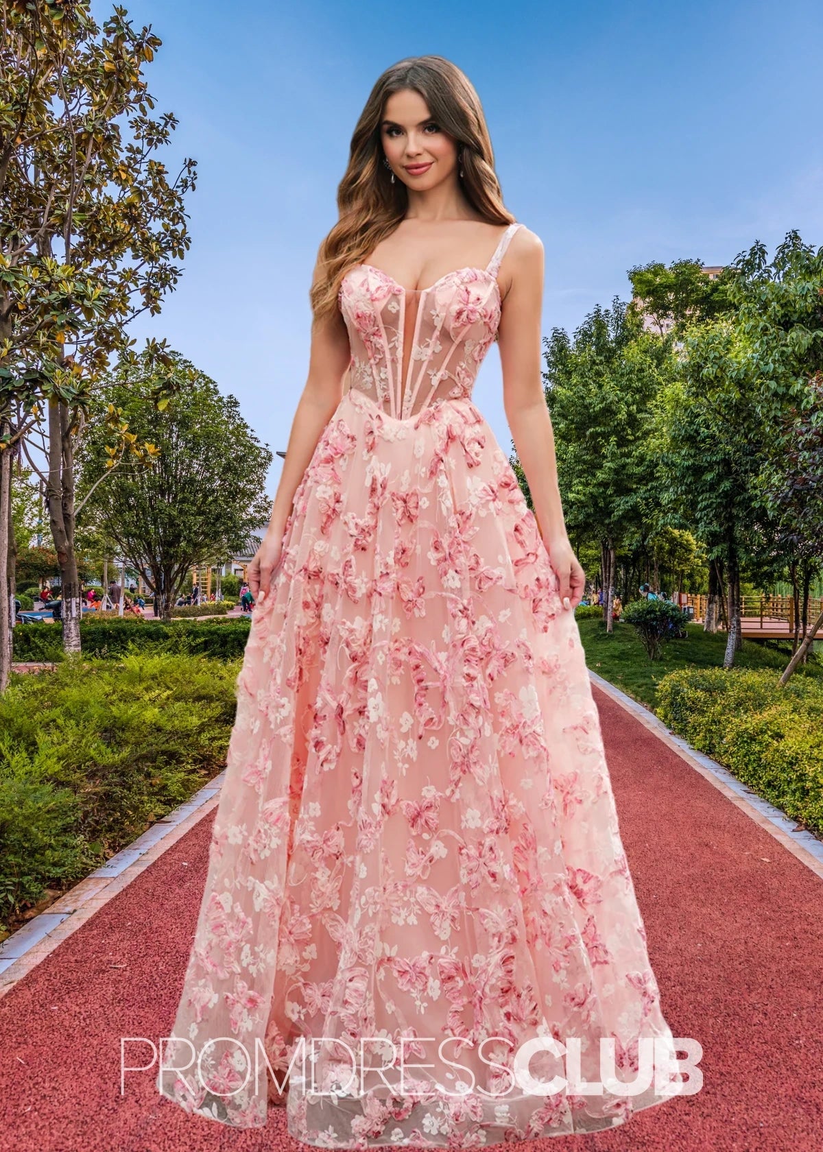 Jenny | Pink Floral A - Line Corset Slit Maxi Prom Dress - Pink Floral - PROMDRESS Club