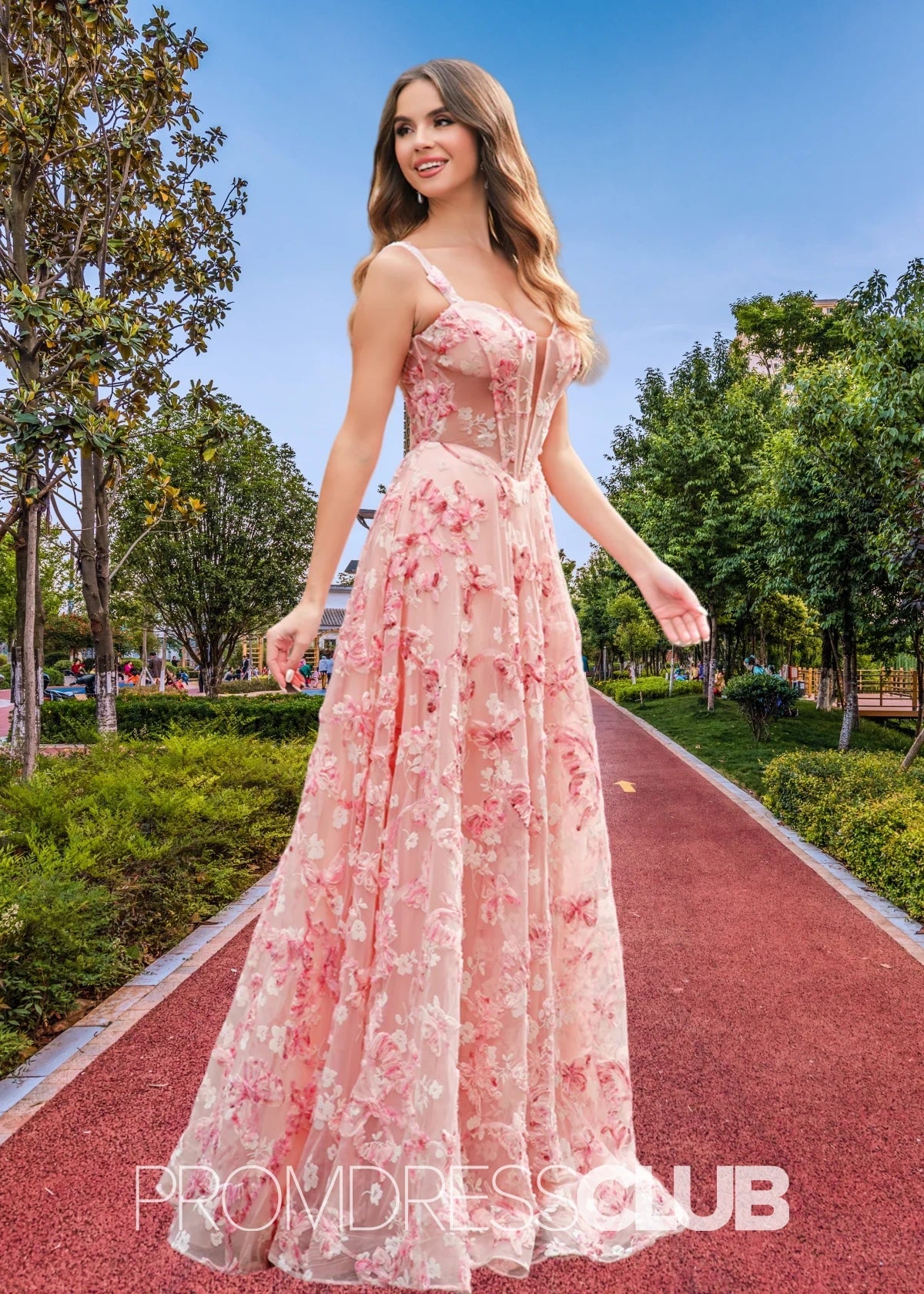 Jenny | Pink Floral A - Line Corset Slit Maxi Prom Dress - Pink Floral - PROMDRESS Club