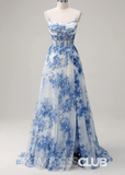 Jo | White Blue Flower A Line Ruched Corset Maxi Prom Dress - Blue Floral - PROMDRESS Club