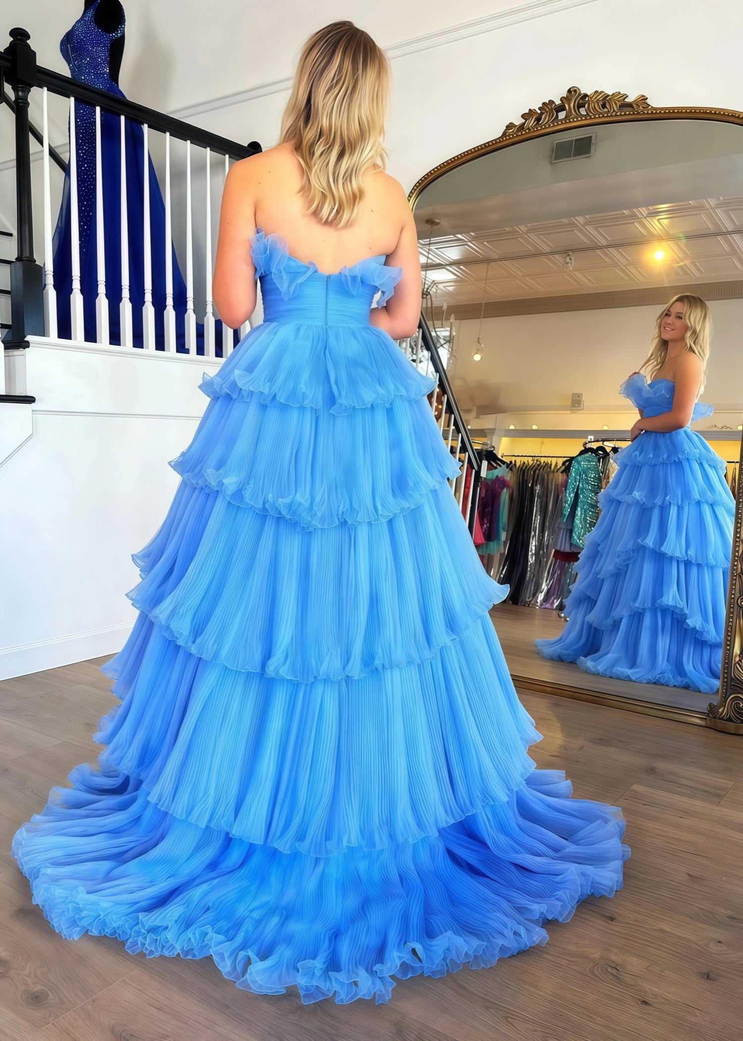 Joanna |A - Line Strapless Tiered Crinkled Pink Tulle Prom Dress With Tiered Ruffles - Blue - US0 - PromDressClub