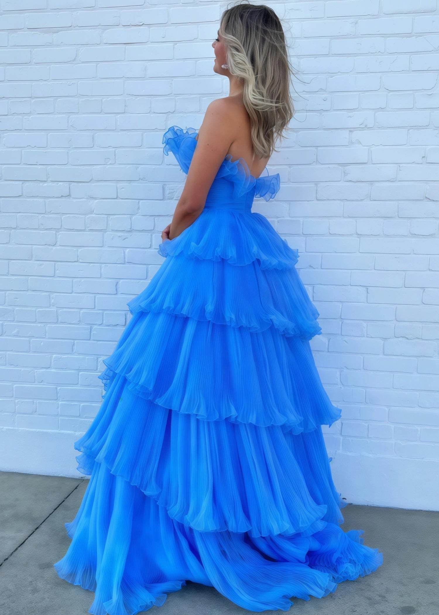 Joanna |A - Line Strapless Tiered Crinkled Pink Tulle Prom Dress With Tiered Ruffles - Blue - US0 - PromDressClub