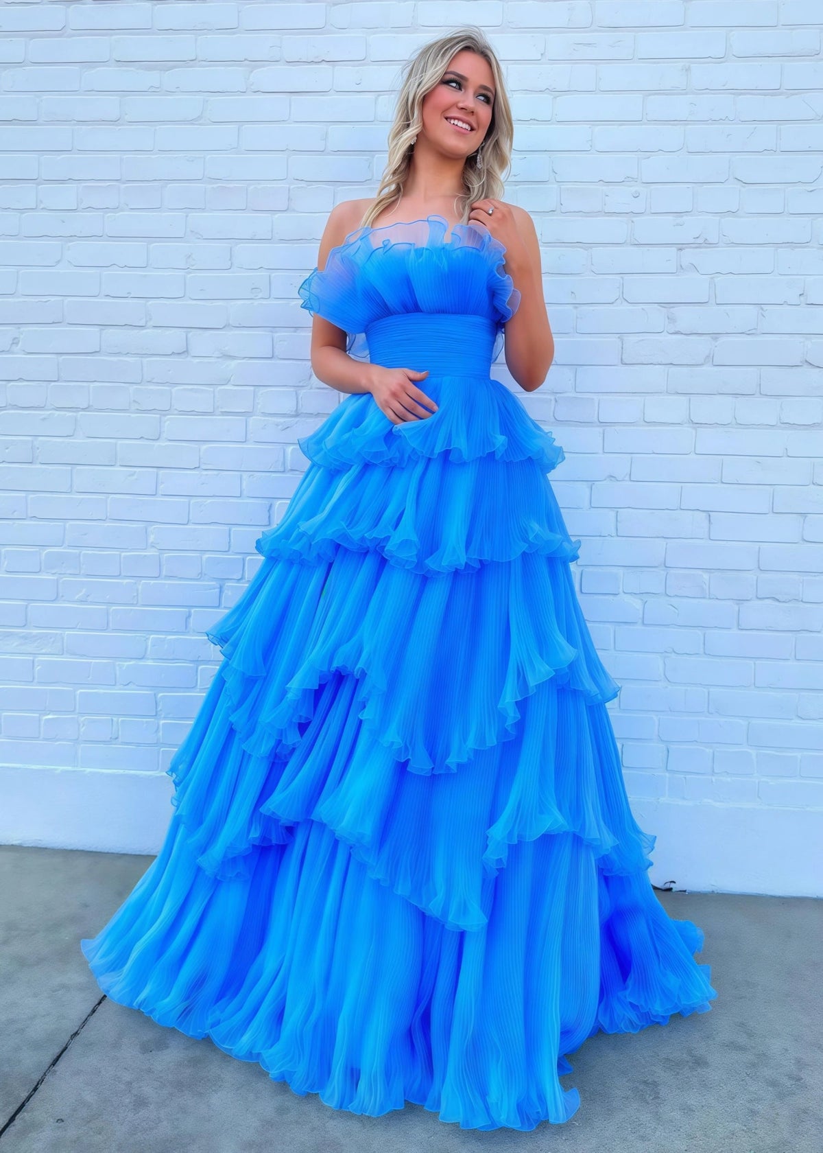 Joanna |A - Line Strapless Tiered Crinkled Pink Tulle Prom Dress With Tiered Ruffles - Blue - US0 - PromDressClub