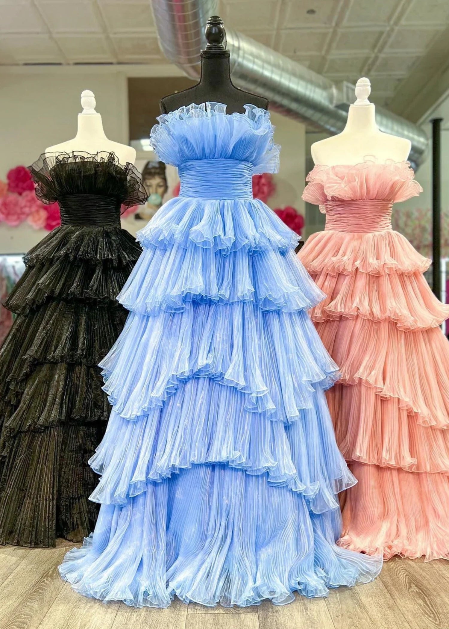 Joanna |A - Line Strapless Tiered Crinkled Pink Tulle Prom Dress With Tiered Ruffles - Sky Blue - US0 - PromDressClub