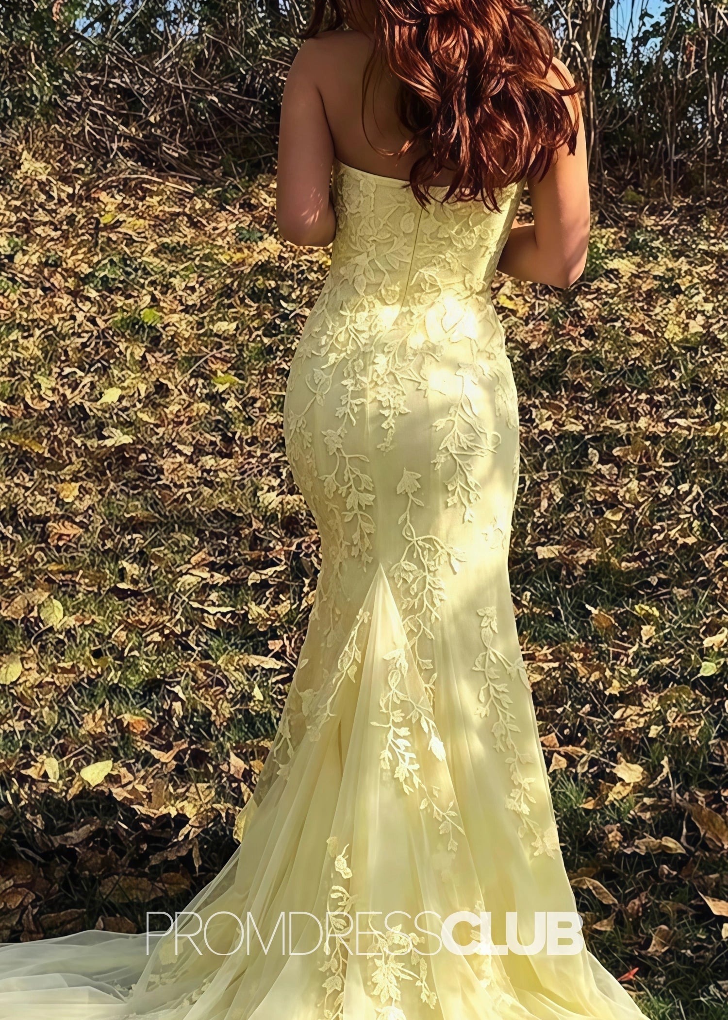 Joanne |Light Pink Long Prom Dresses Store With Strapless Lace Appliques Mermaid Scoop Side Slit - Yellow - US0 - PromDressClub