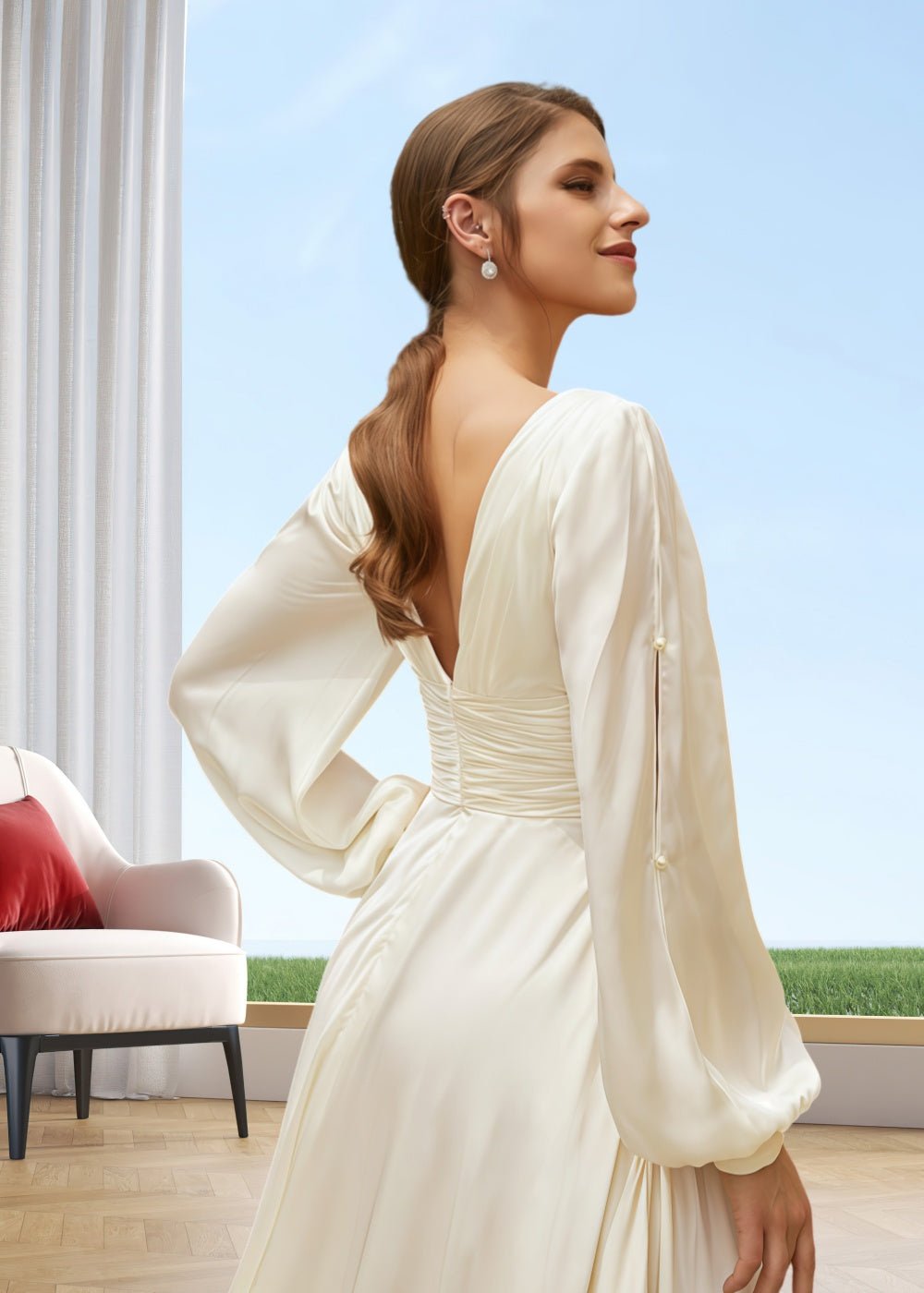 Jodie | A Line Satin Long Sleeve Wedding Dress with Train and Side Slit - Ivory - PromDressClub