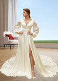 Jodie | A Line Satin Long Sleeve Wedding Dress with Train and Side Slit - Ivory - PromDressClub