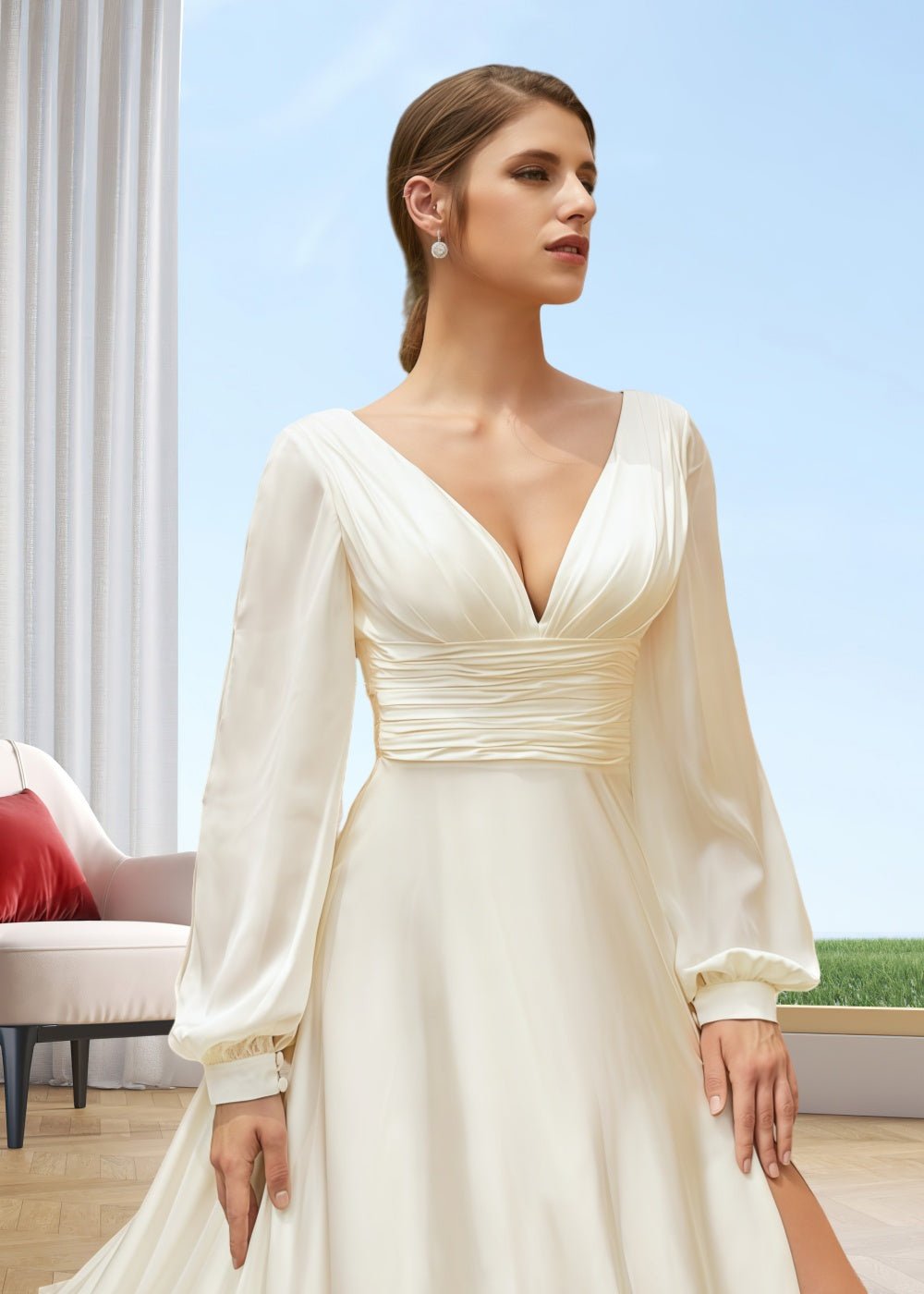 Jodie | A Line Satin Long Sleeve Wedding Dress with Train and Side Slit - Ivory - PromDressClub