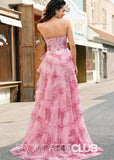 Jodie | A Line Strapless Blush Floral Long Prom Dress - Blush Floral - PROMDRESS Club