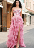 Jodie | A Line Strapless Blush Floral Long Prom Dress - Blush Floral - PROMDRESS Club