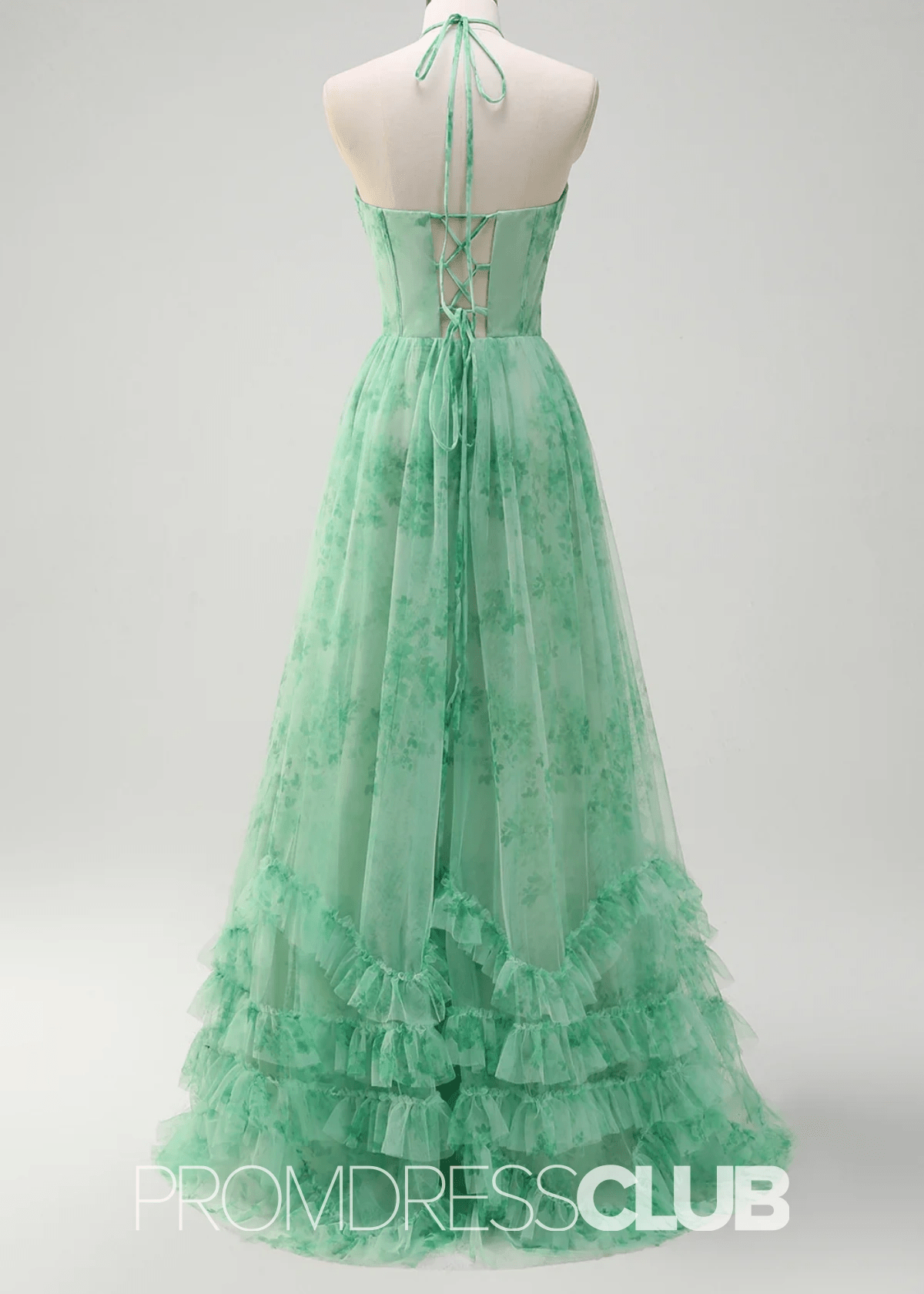 Josephine | Green Floral Corset Ruffles A - Line Long Prom Dress - Green Floral - PROMDRESS Club