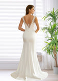 Julia | Elegant Mermaid V Neck Lace Satin Backless Ivory Wedding Dress with Slit - Ivory - PromDressClub