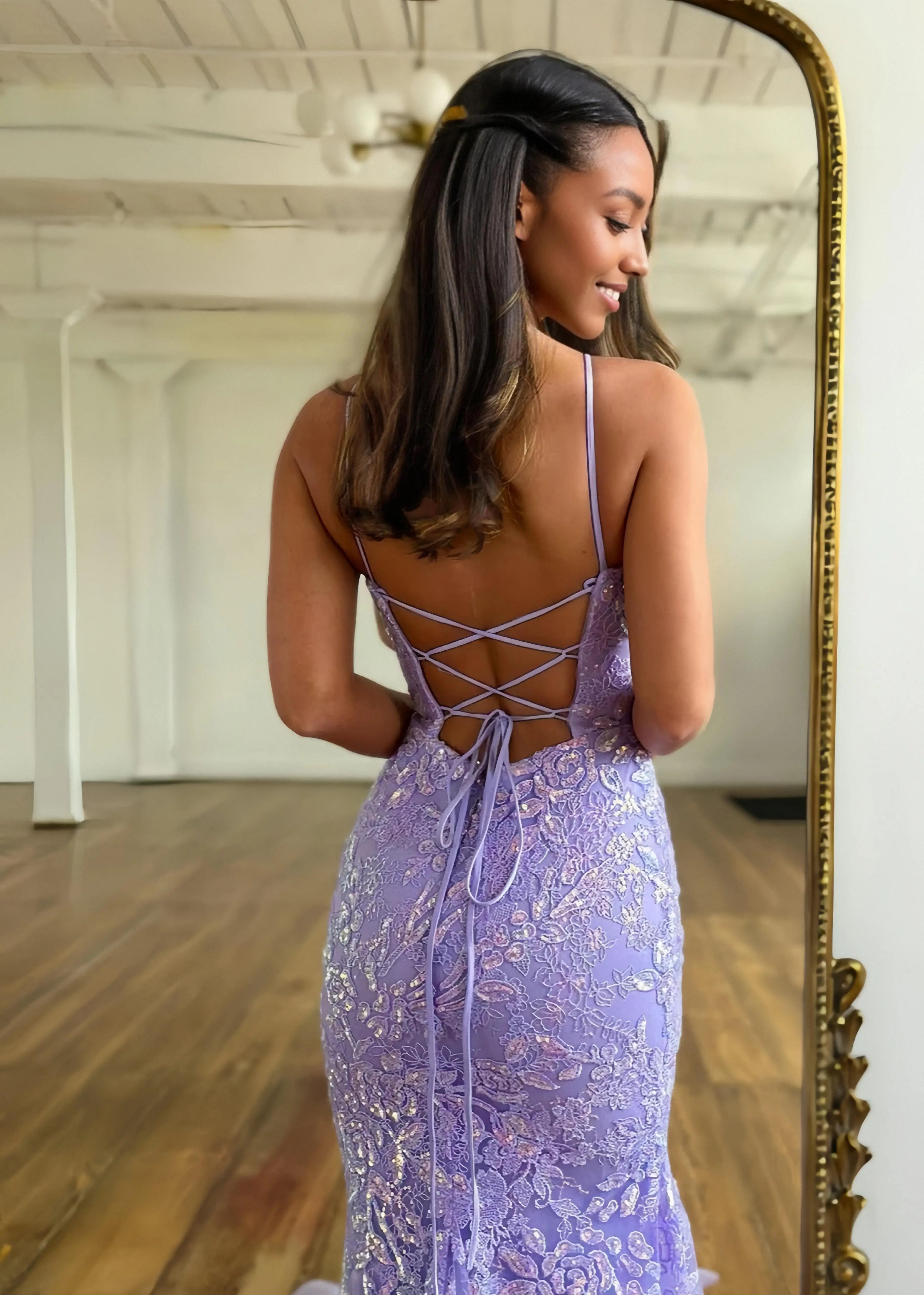 Julie |Mermaid Scoop Lace Lace - up Back Lilac Long Prom Dress - Lilac - US0 - PromDressClub