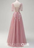 Juliet | Sparkly Blush Short Sleeves Tulle Long Prom Dress - Blush - PROMDRESS Club