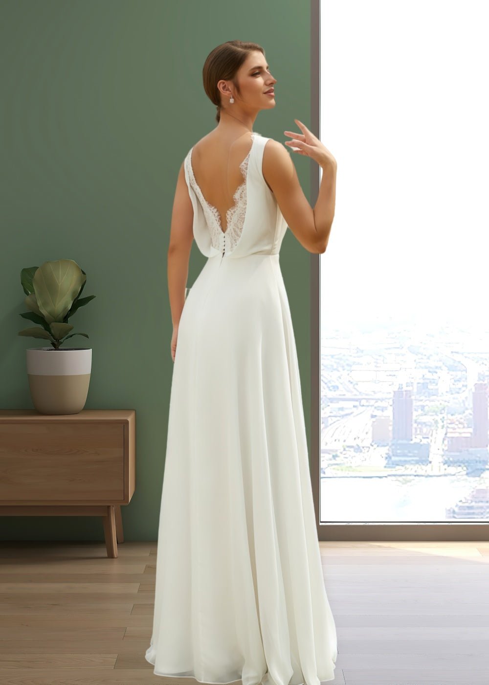 June | Elegant A Line V Neck Chiffon Ruched Lace Back Wedding Dress with Floor Length from PDC - White - PromDressClub