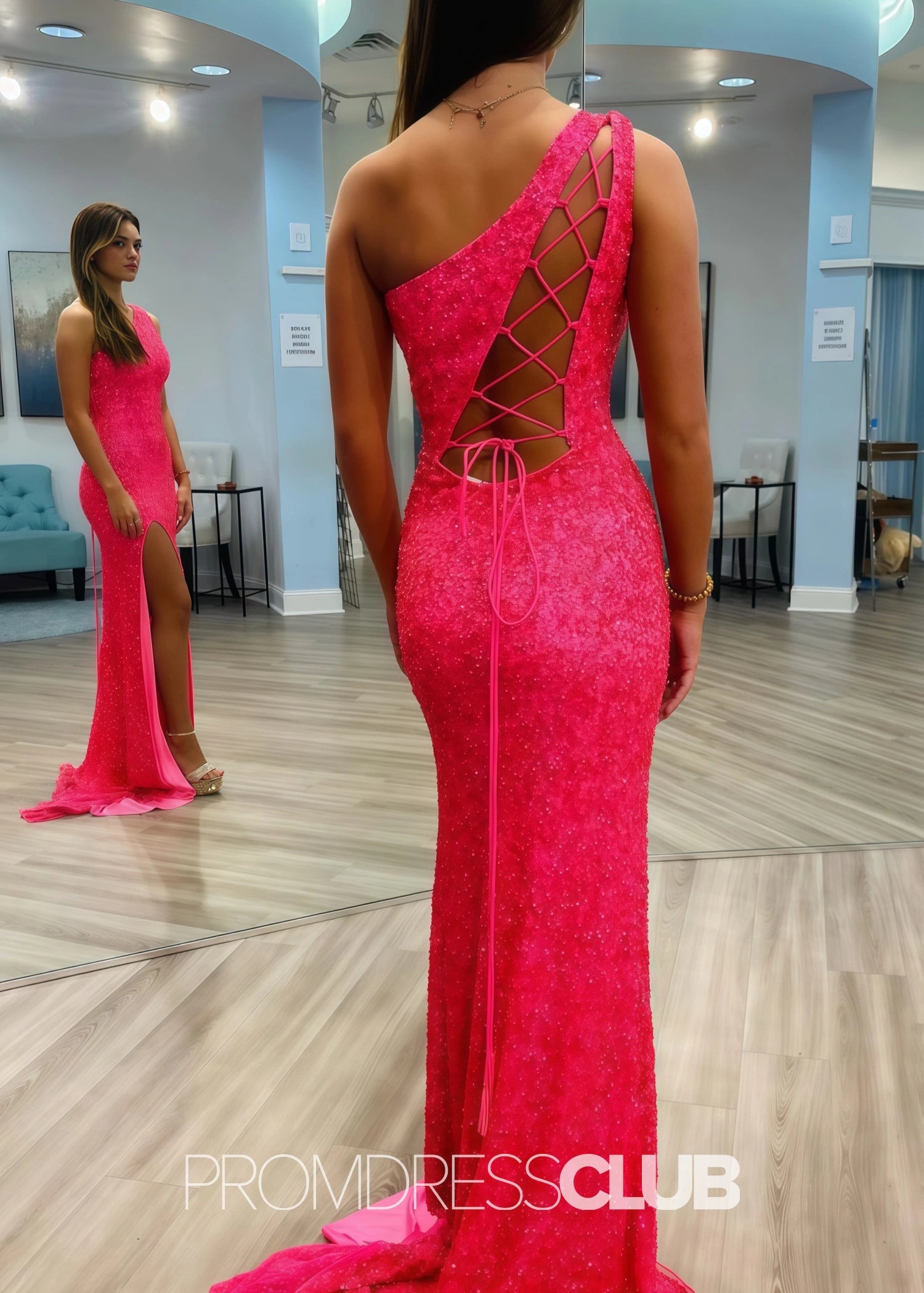 Kama |Long Red Prom Dresses Near Me With Sparkle Sequins Mermaid One Shoulder Slit - Hot Pink - US0 - PromDressClub