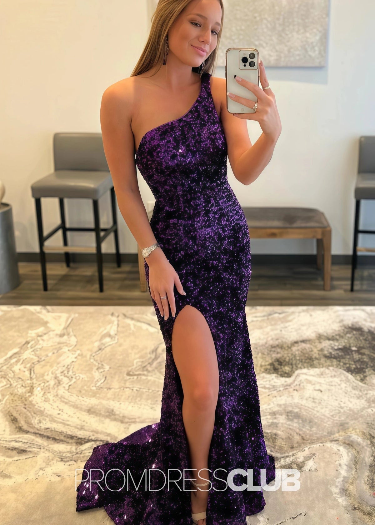 Karen |Long Purple Prom Dresses Near Me With One Shoulder Sequin Mermaid Slit - Purple - US0 - PromDressClub