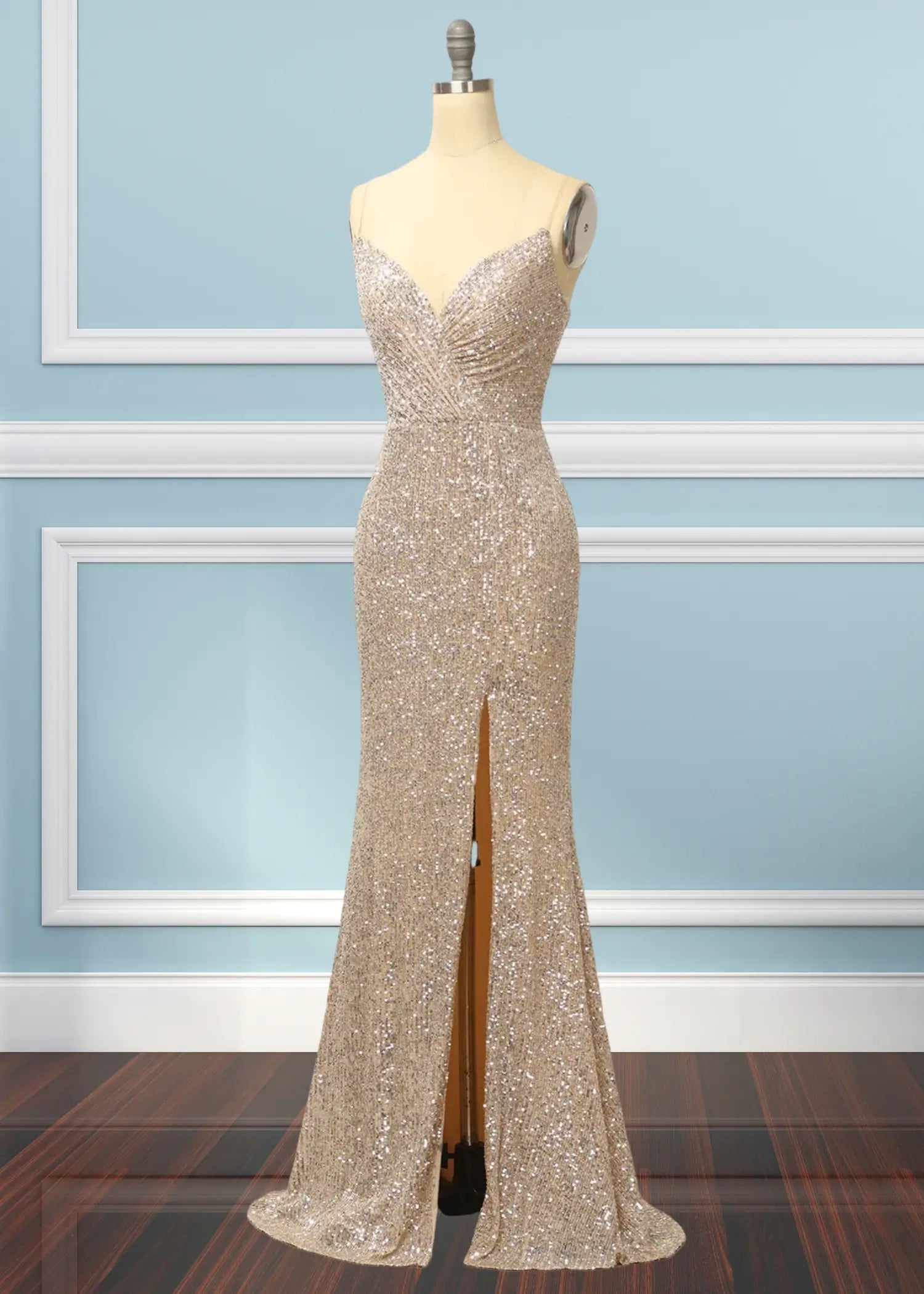 Kate |Trumpet Mermaid Silver Sequins Champagne Long Prom Dress with Slit - Champagne - US0 - PromDressClub