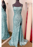 Katherine |Hot Pink Long Prom Dresses Shops With Sequins Mermaid Strapless Side Slit - Light Blue - US0 - PromDressClub