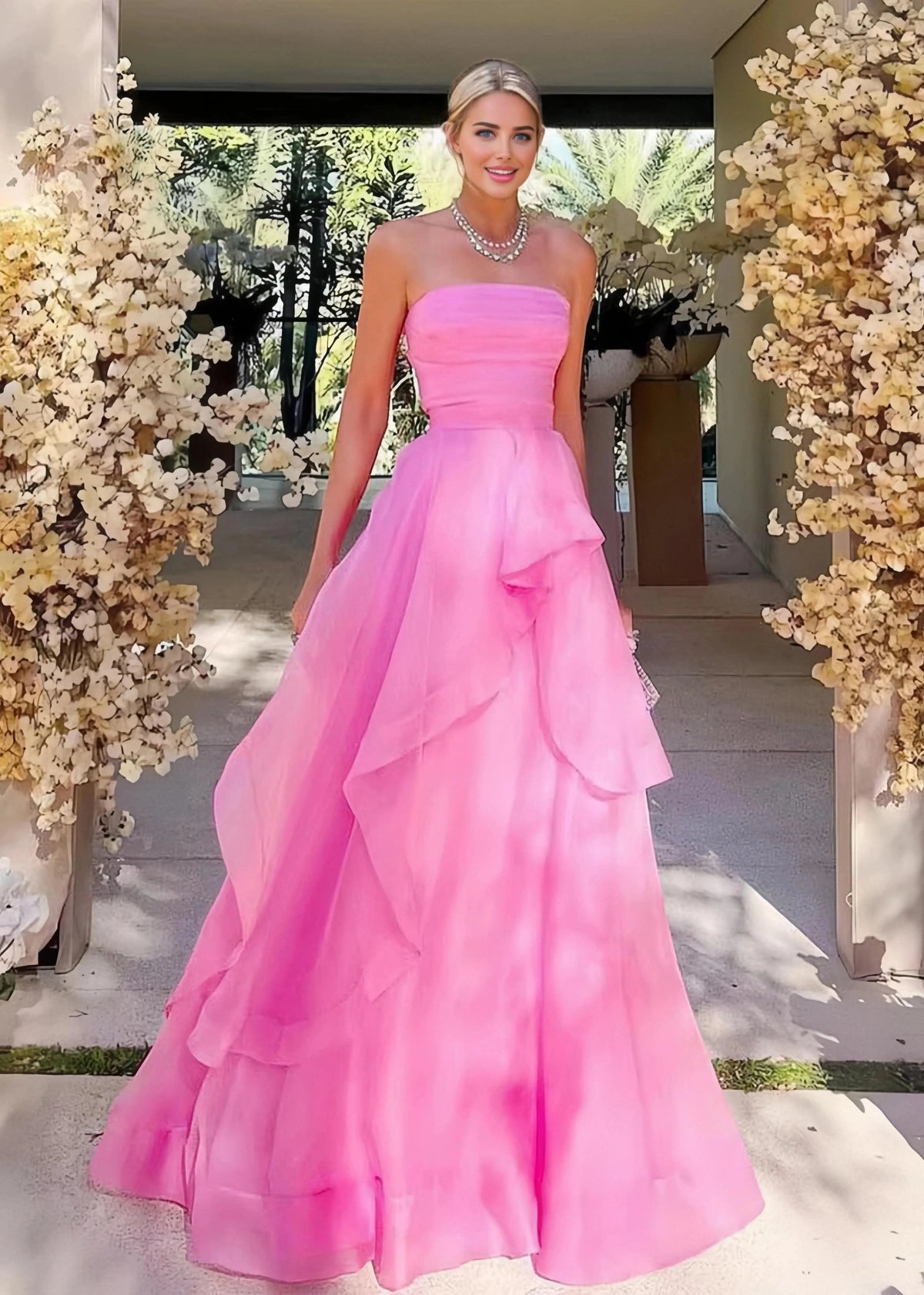 Katie |A Line Corset Dress Lace - up Back Light Pink Strapless Organza Long Prom Dress - Hot Pink - US0 - PromDressClub