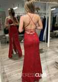 Kay |Long Red Prom Dresses Near Me With Straps Sequin V Neck Mermaid Slit - Red - US0 - PromDressClub