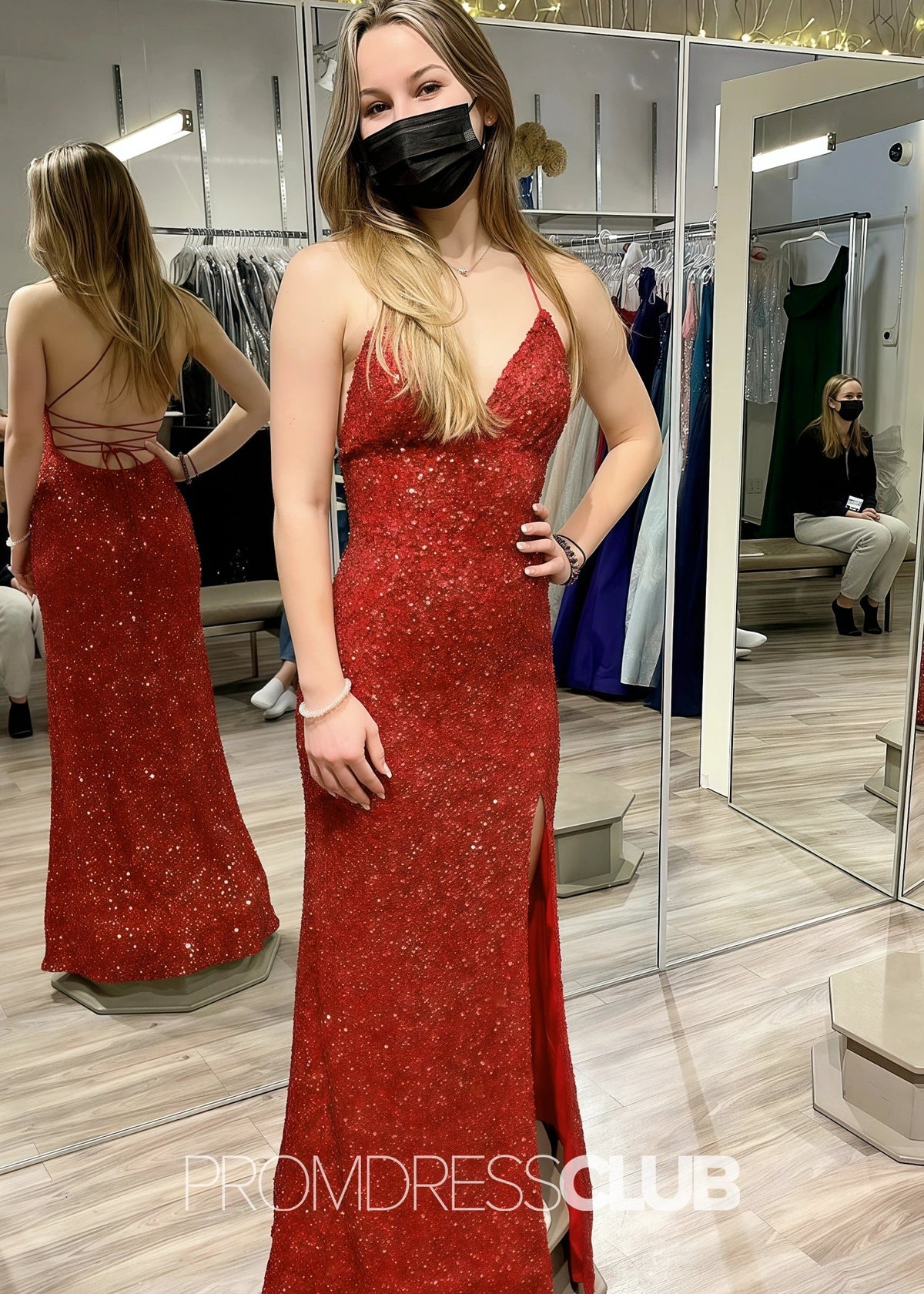 Kay |Long Red Prom Dresses Near Me With Straps Sequin V Neck Mermaid Slit - Red - US0 - PromDressClub