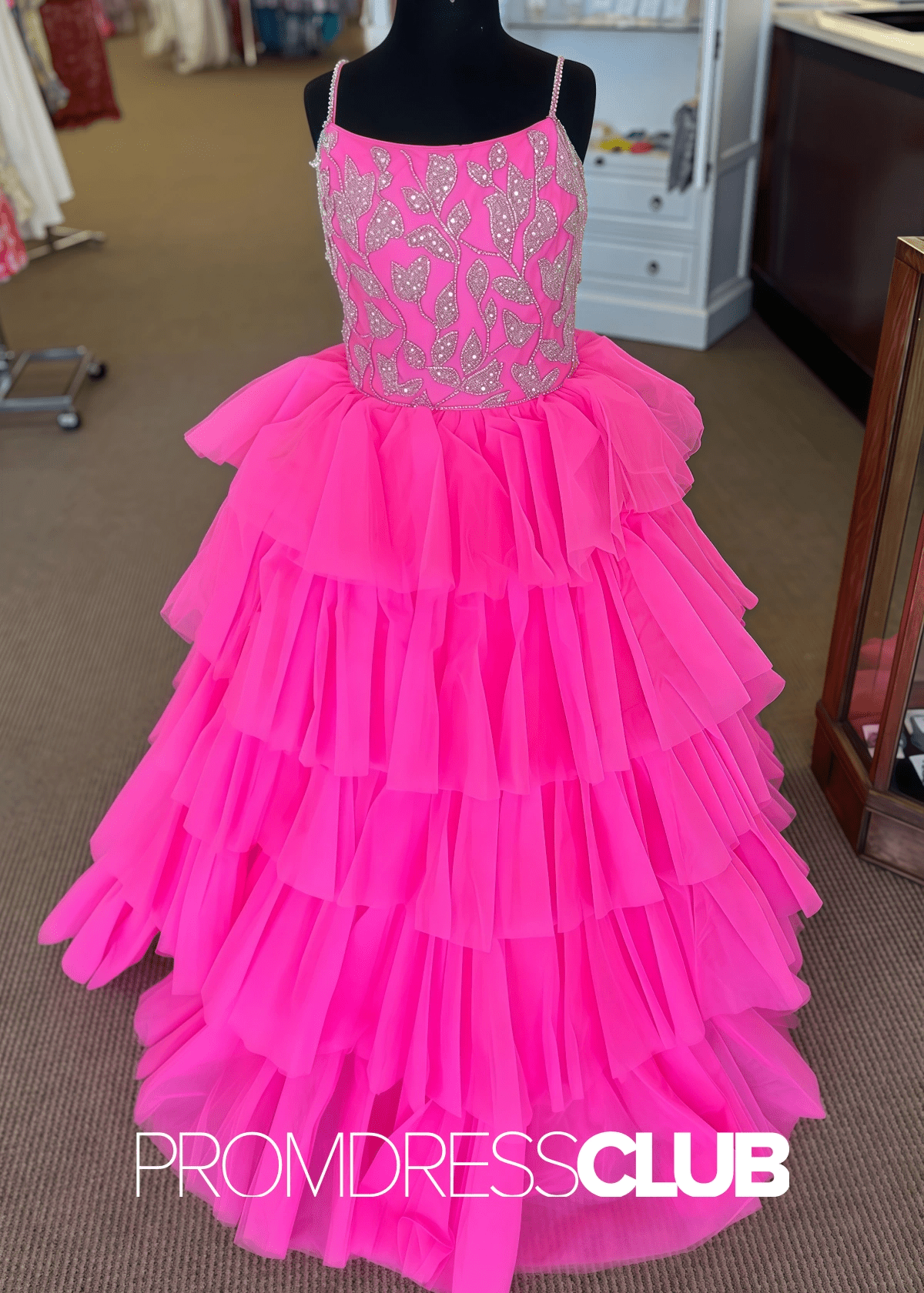 Kay | Spaghetti Straps Hot Pink Long Pageant Dresses for Girls - Hot Pink - PromDressClub