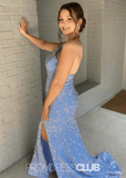 Kelly | Mermaid One Shoulder Light Blue Sequin Long Prom Dress with Slit - Light Blue - PROMDRESS Club