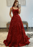 Kitty | A - line Sparkly Dark Red Long Prom Dress - Dark Red - PROMDRESS Club