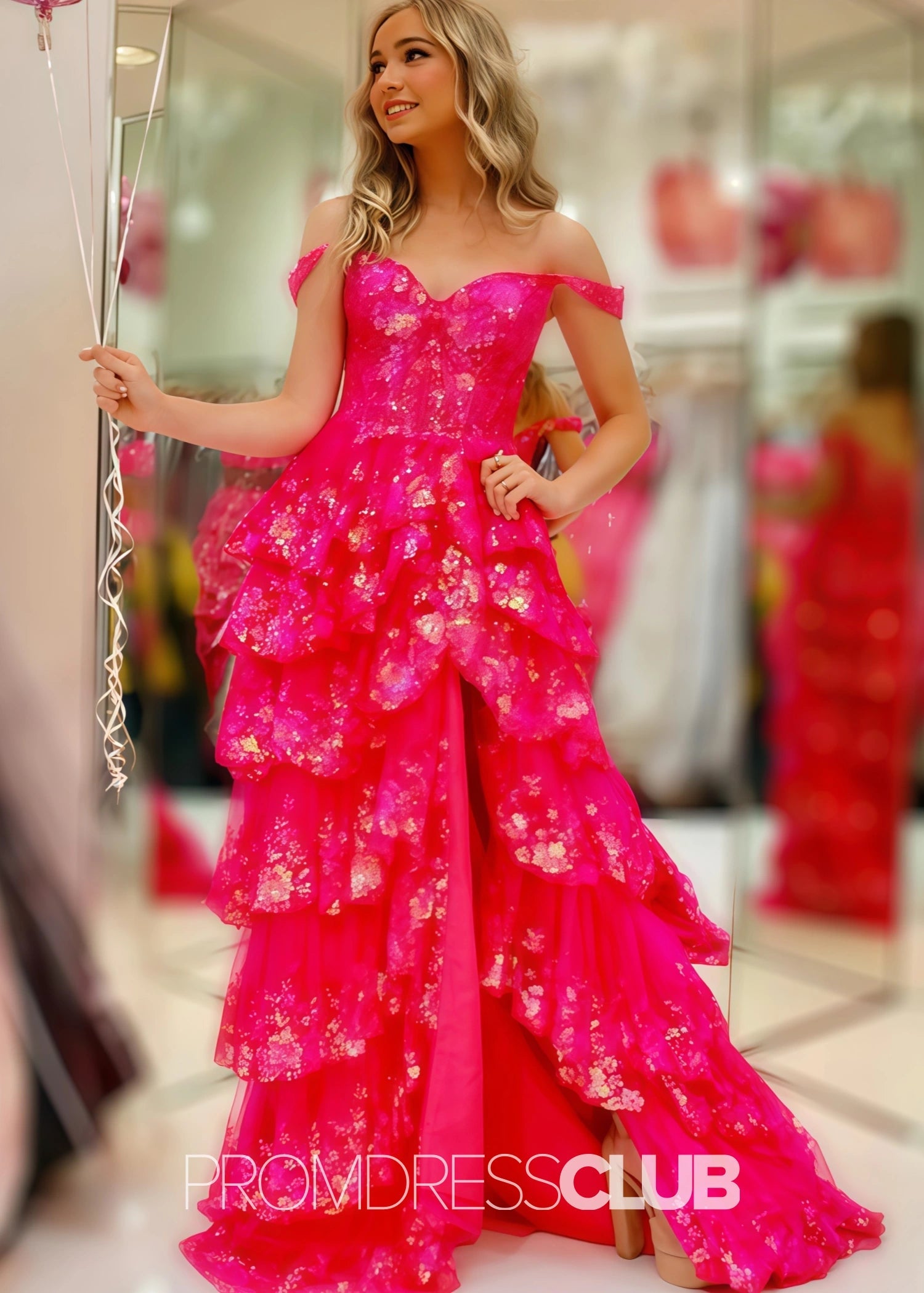 Kristin |Long Fuchsia Prom Dresses Near Me With A Line Off The Shoulder Sequin Tiered Ruffle - Fuchsia - US0 - PromDressClub