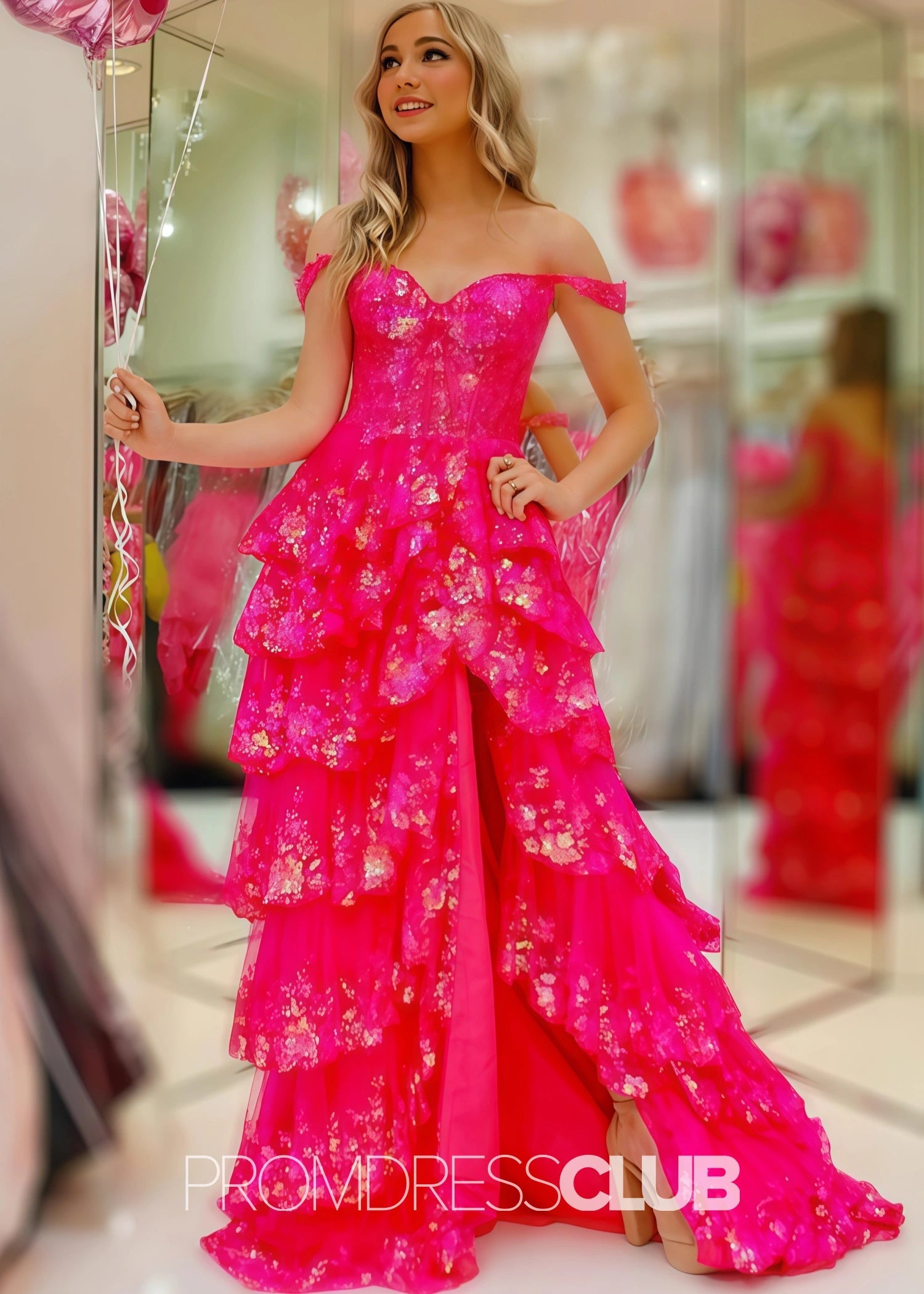 Kristin |Long Fuchsia Prom Dresses Near Me With A Line Off The Shoulder Sequin Tiered Ruffle - Fuchsia - US0 - PromDressClub