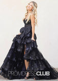 Lace Appliques Ruffle Black Prom Dresses - Black - PROMDRESS Club