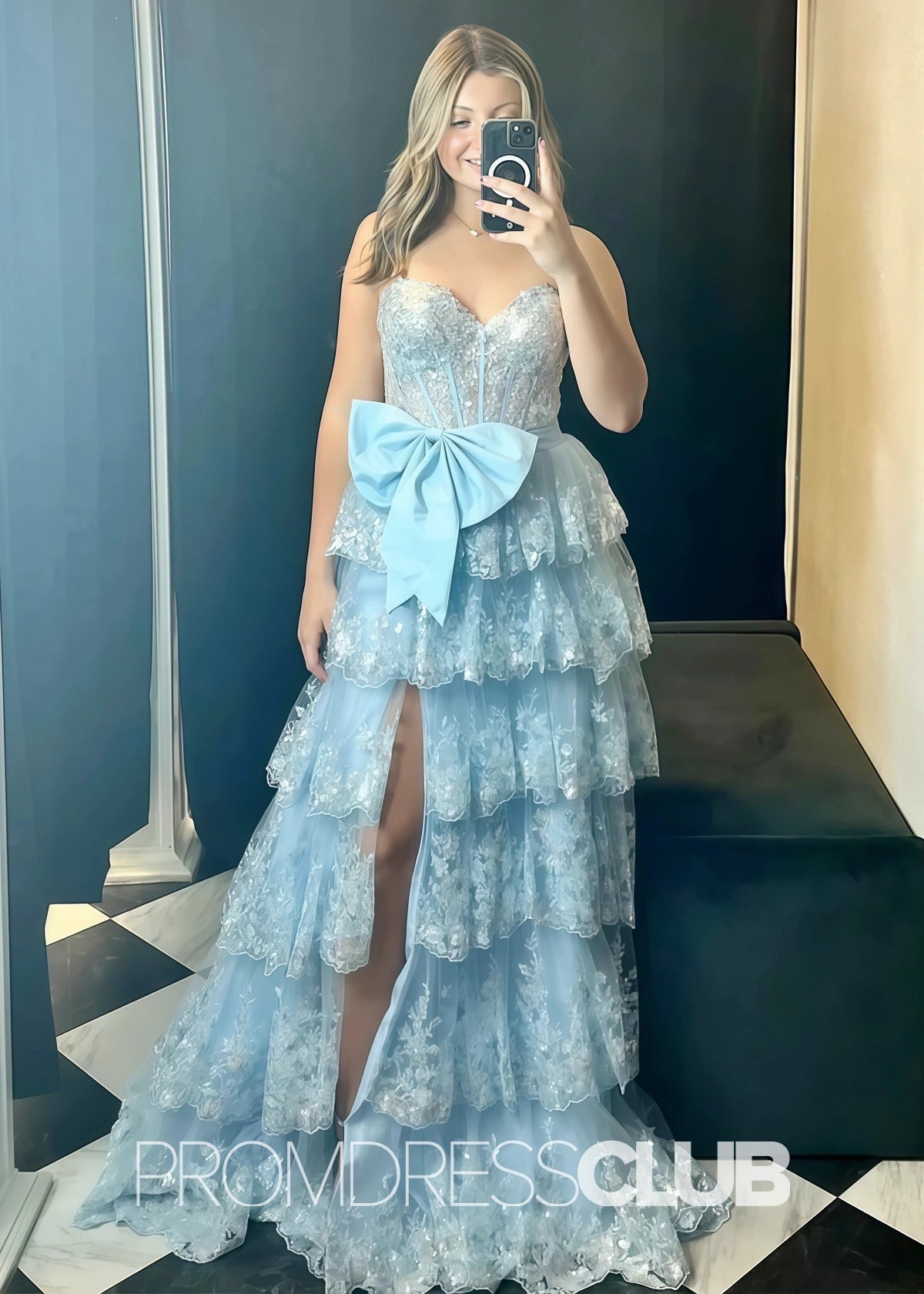 Lace Appliques Ruffle Black Prom Dresses - Light Blue - PROMDRESS Club