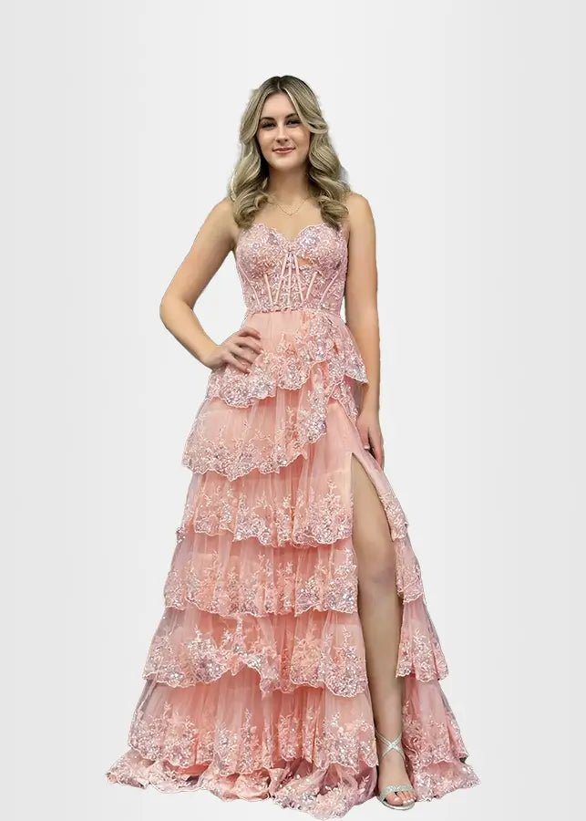 Lydia |Lace Ruffles A Line Blue Princess Off the Shoulder Prom Dress With Corset - Pink - US0 - PromDressClub