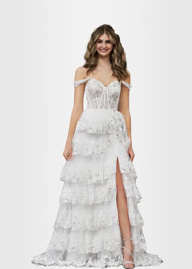 Lydia |Lace Ruffles A Line Blue Princess Off the Shoulder Prom Dress With Corset - White - US0 - PromDressClub