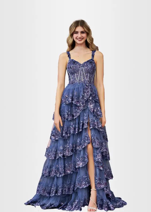 Lydia |Lace Ruffles A Line Blue Princess Off the Shoulder Prom Dress With Corset - Navy Blue - US0 - PromDressClub