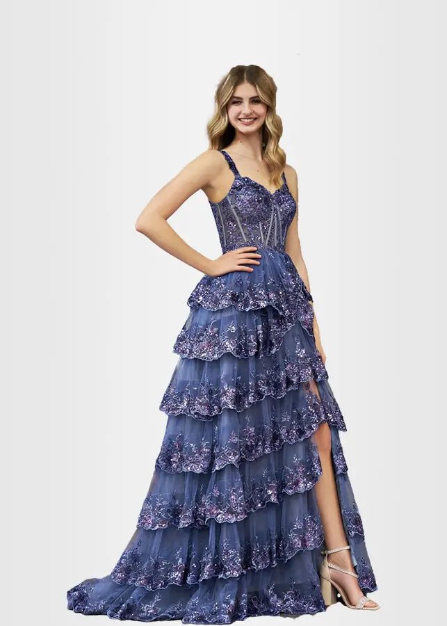 Lydia |Lace Ruffles A Line Blue Princess Off the Shoulder Prom Dress With Corset - Navy Blue - US0 - PromDressClub