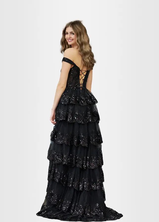 Lydia |Lace Ruffles A Line Blue Princess Off the Shoulder Prom Dress With Corset - Black - US0 - PromDressClub