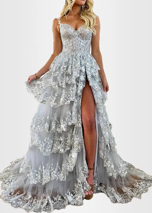 Lydia |Lace Ruffles A Line Blue Princess Off the Shoulder Prom Dress With Corset - Silver - US0 - PromDressClub