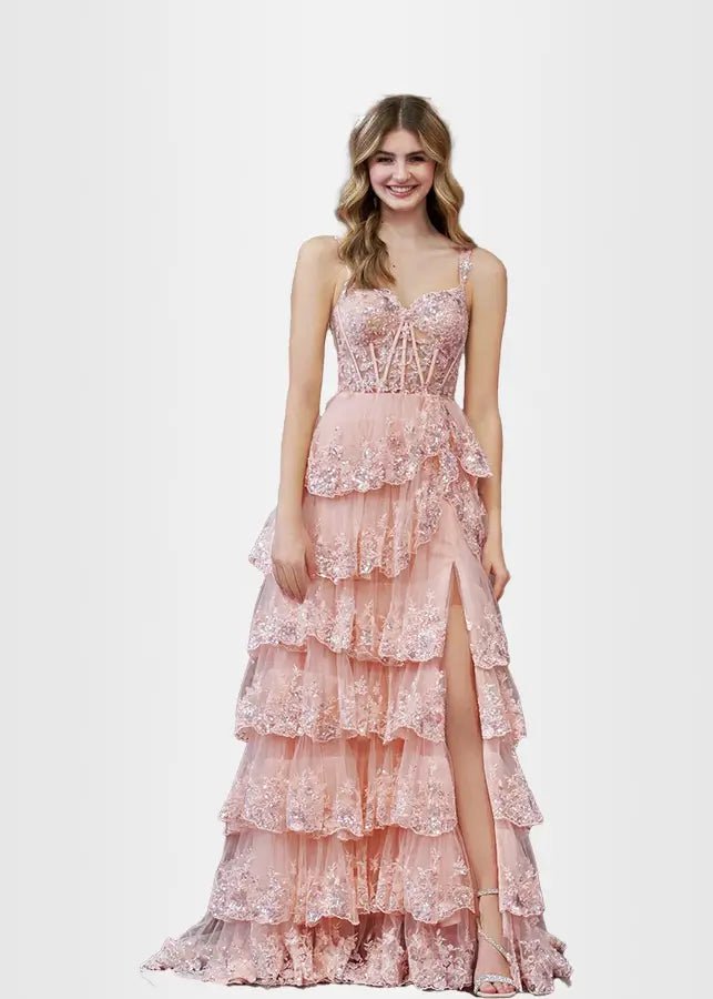 Lydia |Lace Ruffles A Line Blue Princess Off the Shoulder Prom Dress With Corset - Pink - US0 - PromDressClub