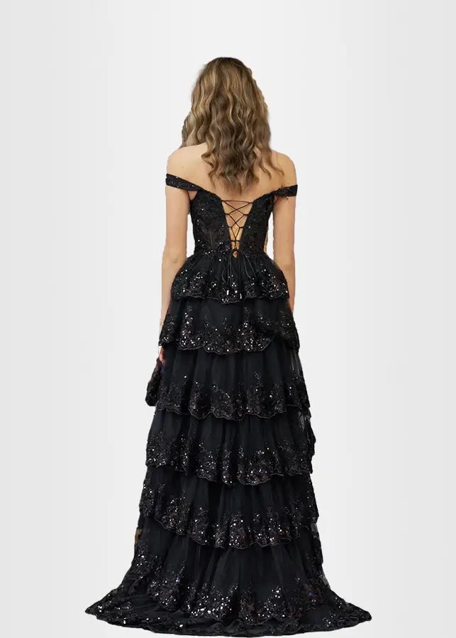 Lydia |Lace Ruffles A Line Blue Princess Off the Shoulder Prom Dress With Corset - Black - US0 - PromDressClub