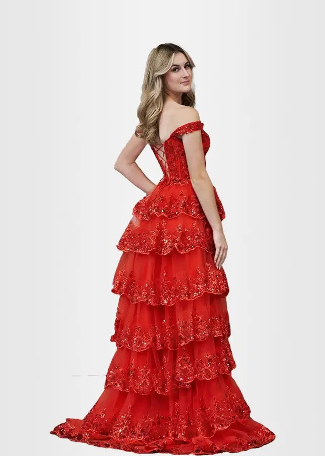 Lydia |Lace Ruffles A Line Blue Princess Off the Shoulder Prom Dress With Corset - Red - US0 - PromDressClub