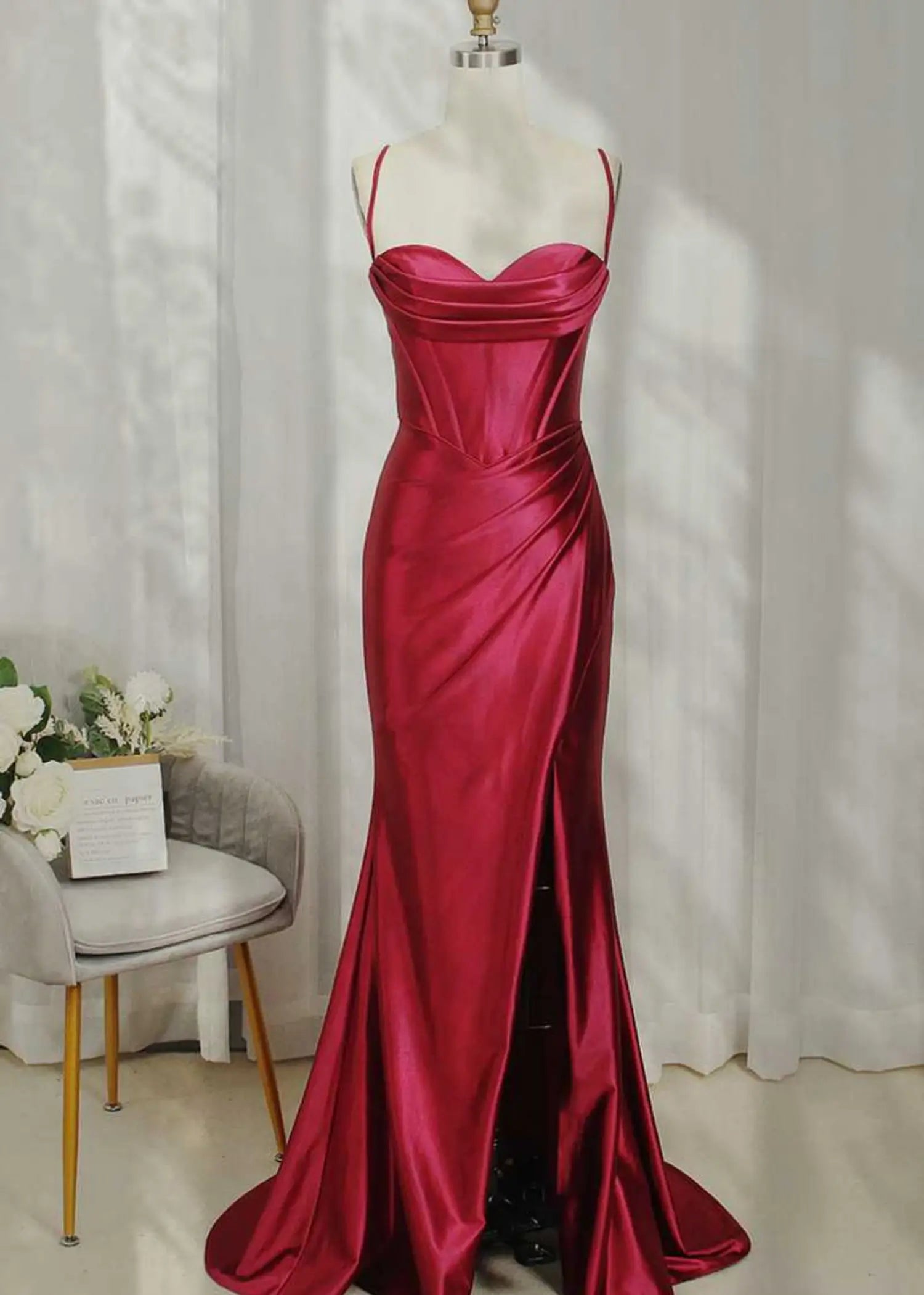 Laura |Mermaid Fuchsia Spaghetti Straps Satin Long Prom Dress with Slit - Burgundy - US0 - PromDressClub