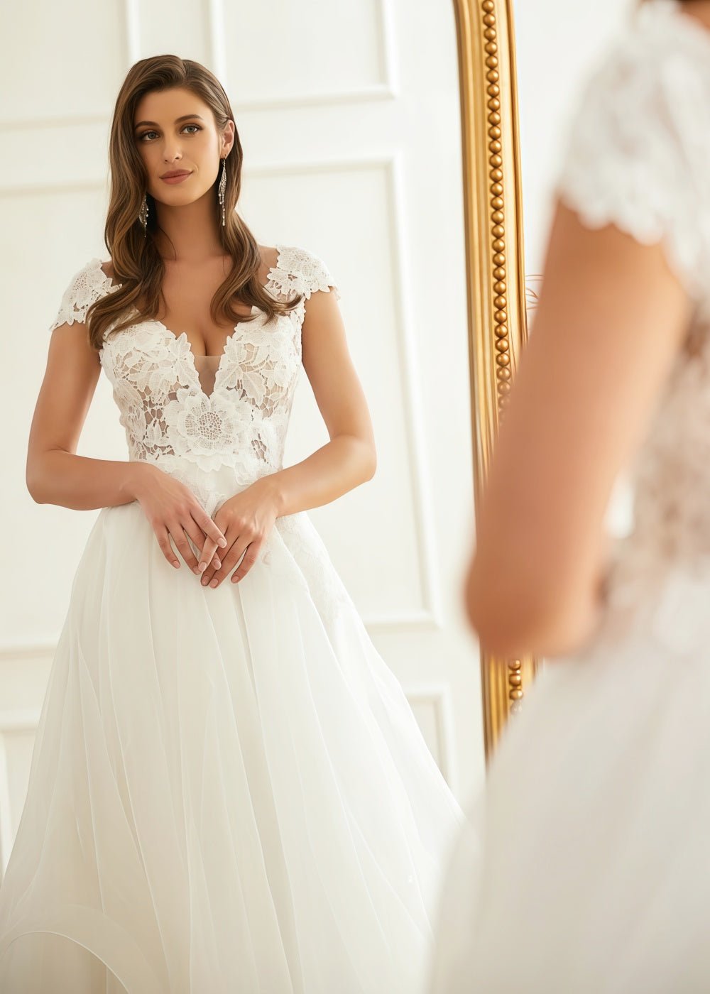 Lauren | Elegant Lace and Organza V Neck Short Sleeve Wedding Dress with Court Train - White - PromDressClub