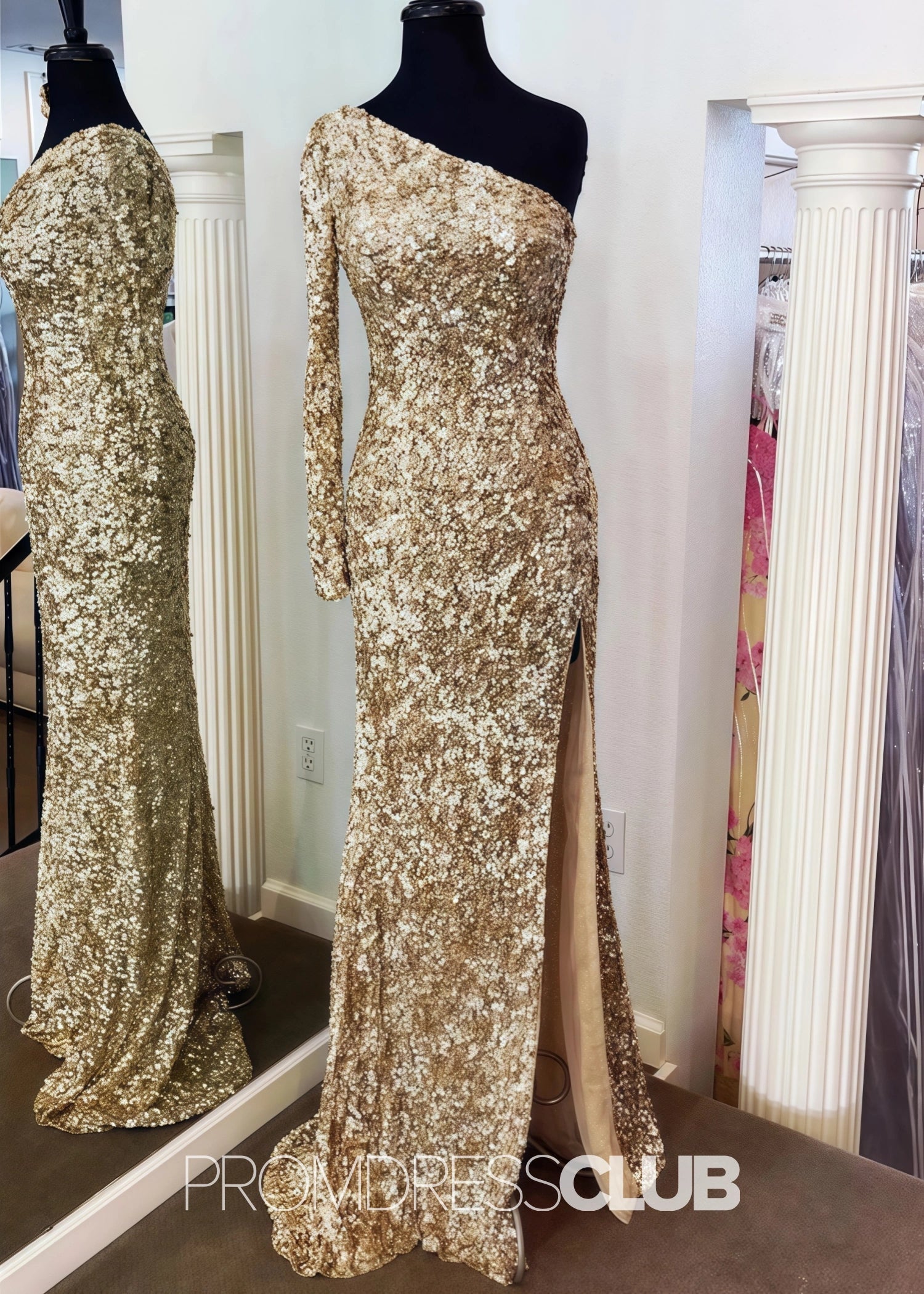 Lauren |Long Gold Prom Dresses Shops With Stunning Sequins Mermaid One Sleeve Slit - Gold - US0 - PromDressClub