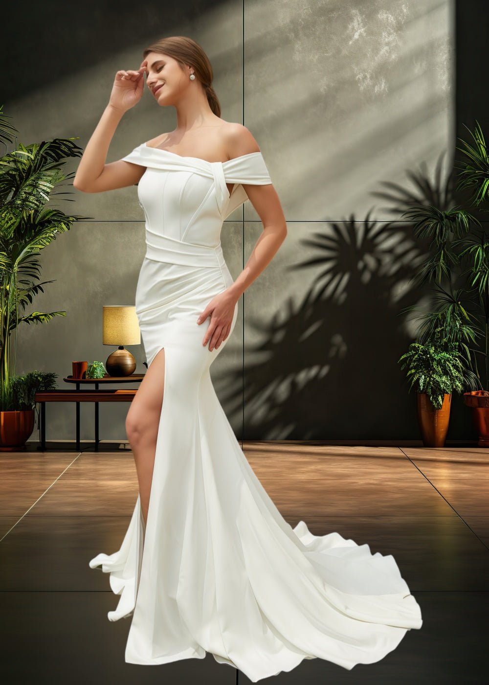 Lee | Off the Shoulder Mermaid Ruched Wedding Dress with High Slit and Brush Train - Ivory - PromDressClub