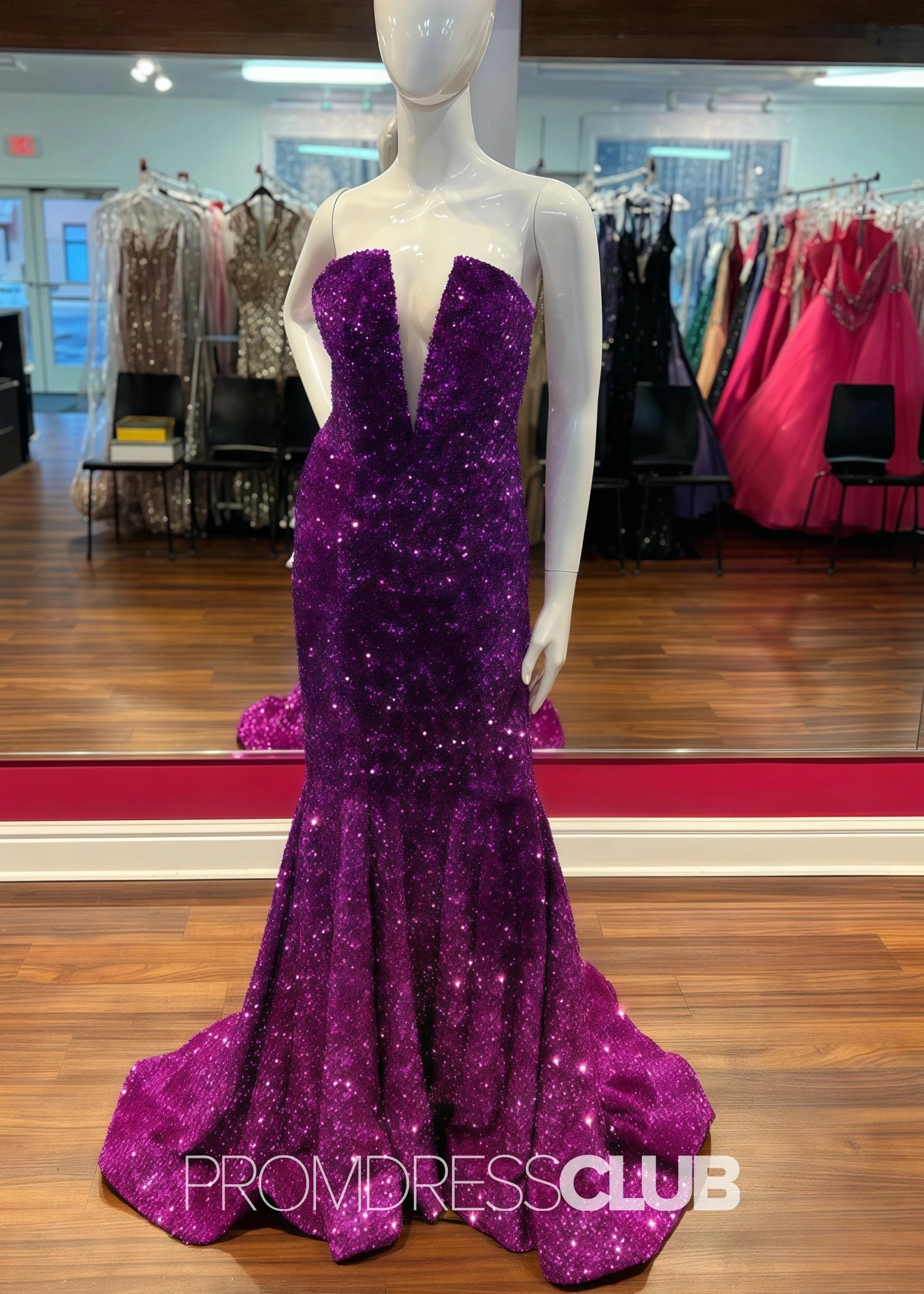 Lesley |Long Green Prom Dresses Near Me With Sequin Strapless V Neck Mermaid - Purple - US0 - PromDressClub