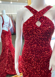 Lesley | Mermaid Cross Front Red Sequin Long Prom Dress - Red - PROMDRESS Club