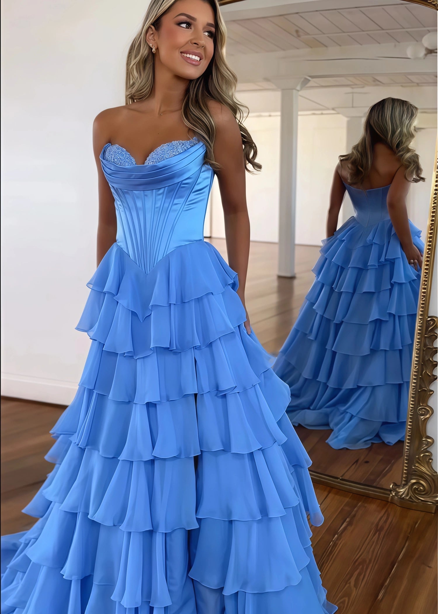 Lesley|A - Line Sweetheart Chiffon Corset Ruffled Long Blue Prom Dress with Slit - Blue - US0 - PromDressClub