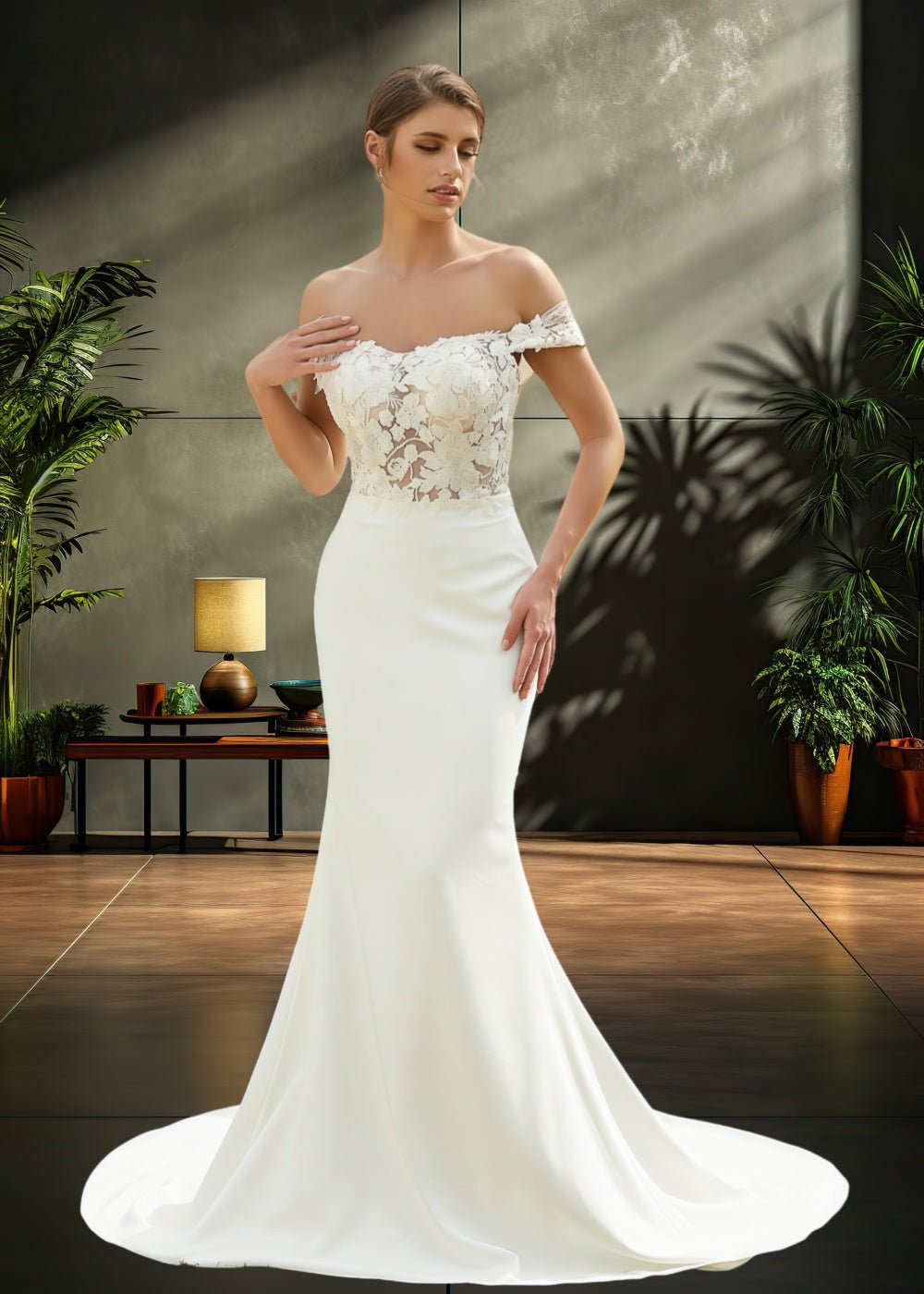 Letitia | Off the Shoulder Lace Satin Mermaid Wedding Dress with Long Train - Ivory - PromDressClub